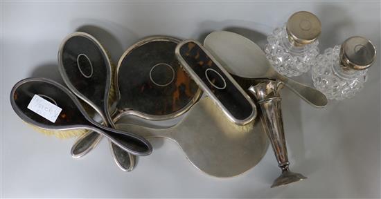 A silver and tortoiseshell dressing table set and sundries including a pair of George V silver topped scent bottles.